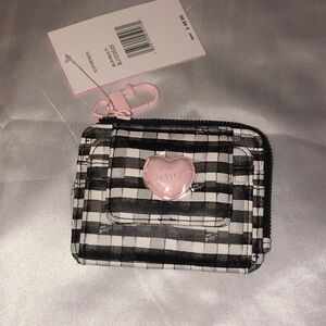 Betsey Johnson L-Zip French Card Wallet Black & White Gingham Print NWT